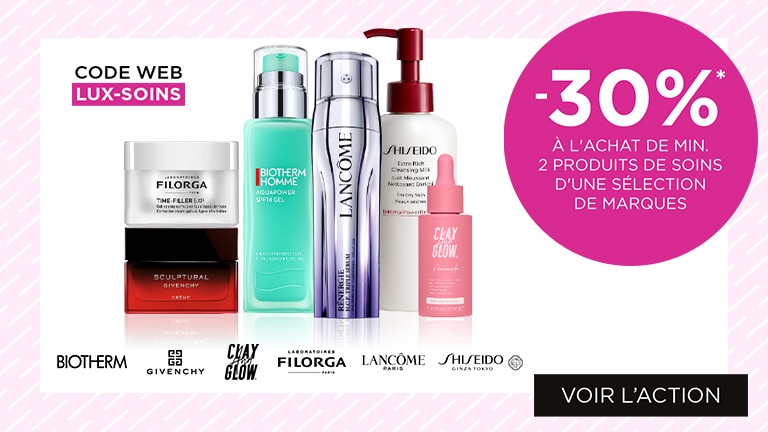 Profitez de 30% de réduction à l'achat de min. 2 produits de soins d'une sélection de marques avec code LUX-SOINS* Profitez de 30% de réduction à l'achat de min. 2 produits de soins d'une sélection de marques avec code LUX-SOINS*