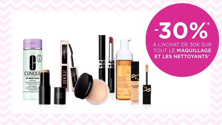 -30 % sur le maquillage et les nettoyants pour le visage dès 30 € d'achat* -30 % sur le maquillage et les nettoyants pour le visage dès 30 € d'achat*