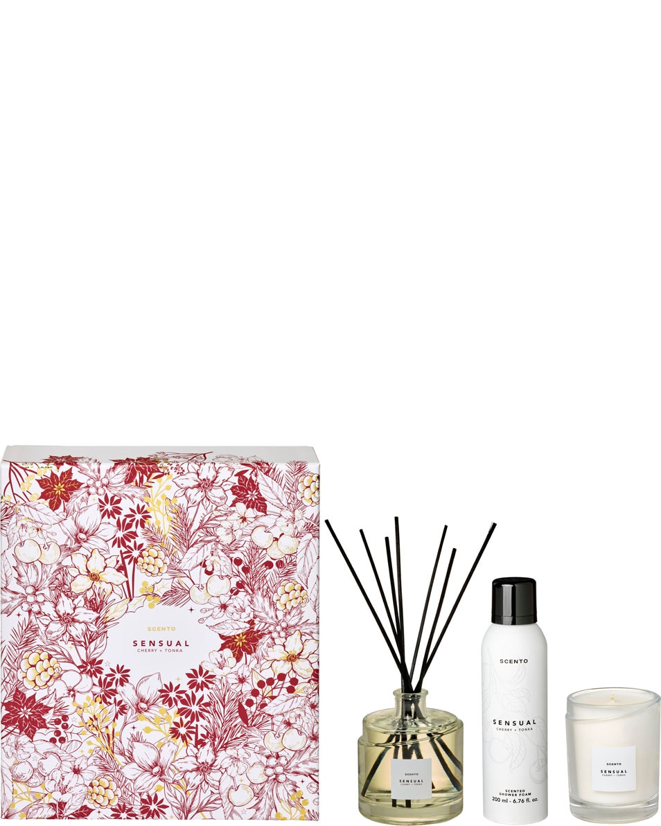 SCENTO Sensual Coffret cadeau diffuseur d'ambiance + bougie parfumée + Mousse de douche 3 ST
